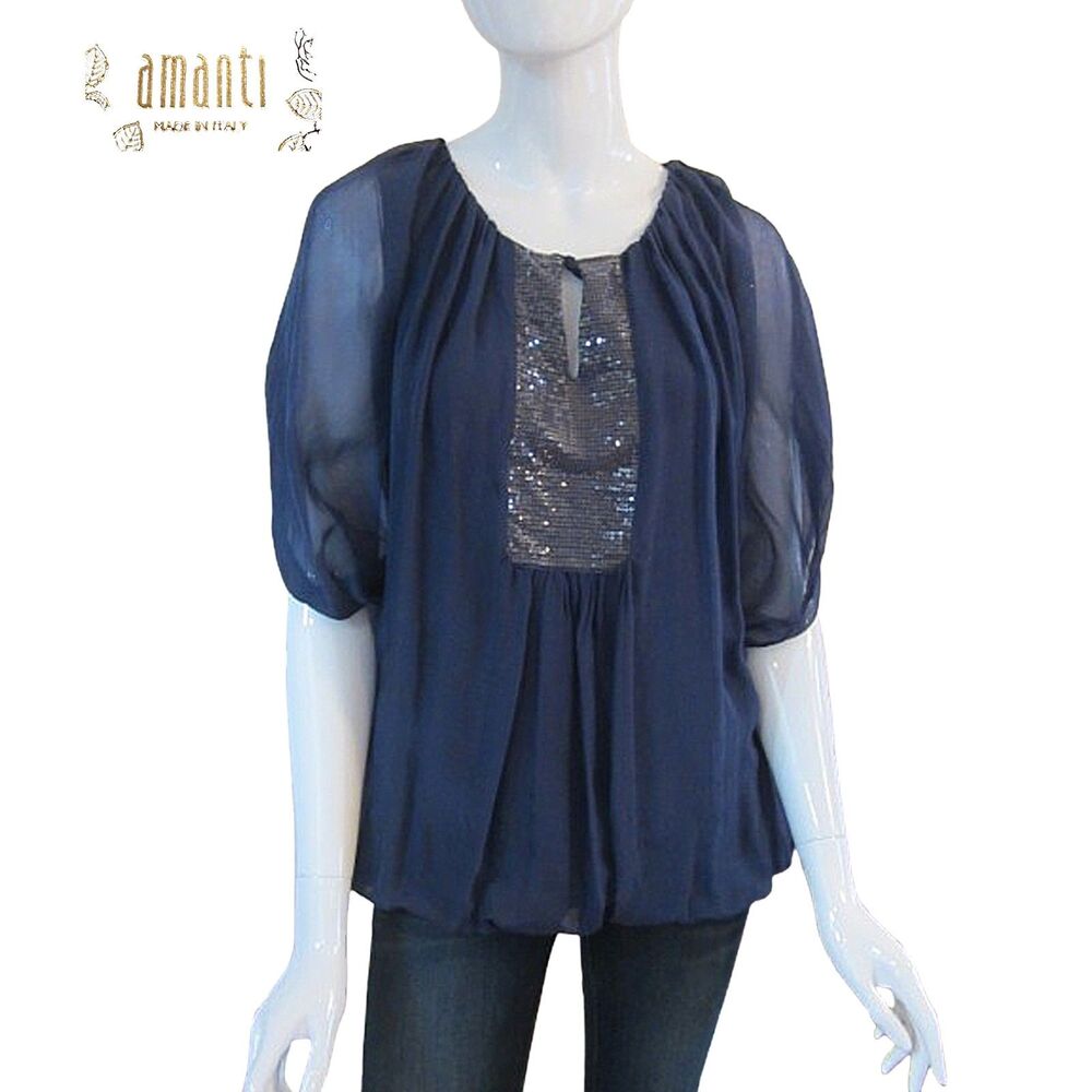 Amanti Italy NWT 100% Silk Sequin Dolman-Sleeve Navy Blouse S – Elegant Evening